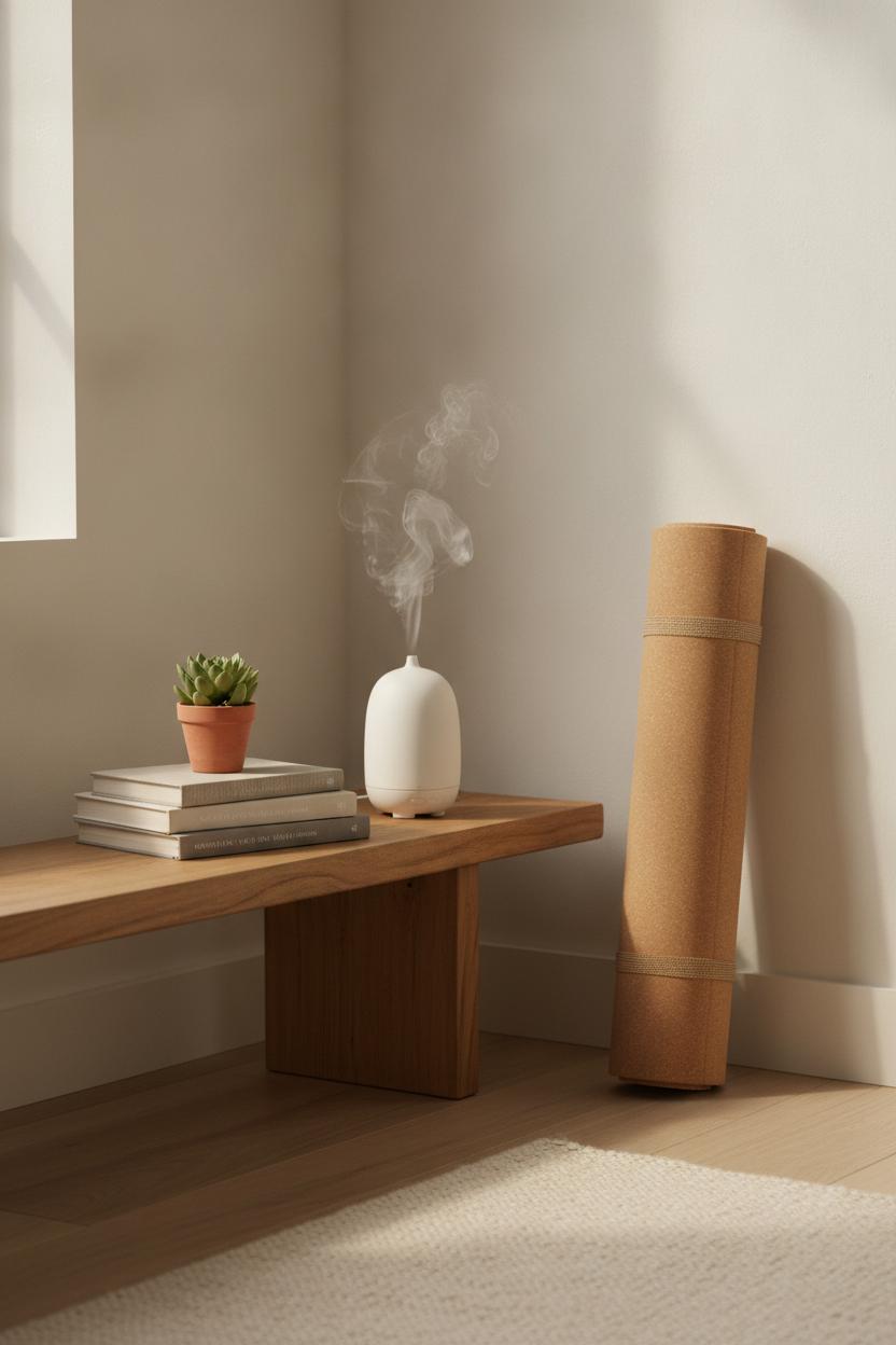 Minimalist wellness corner with diffuser, yoga mat, and succulents supporting a mindful self care routine for women