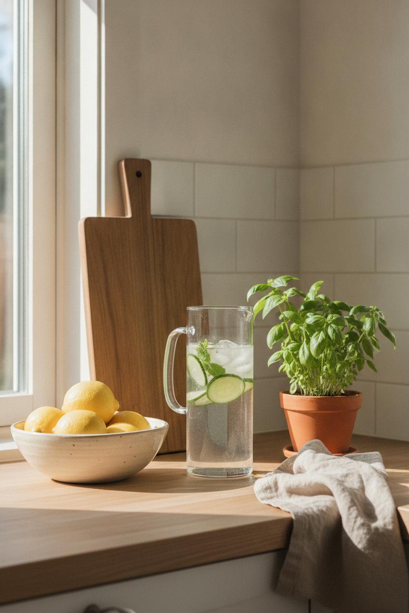 Scandinavian kitchen counter with lemons, herbs, and cucumber water supporting a mindful self care routine for women