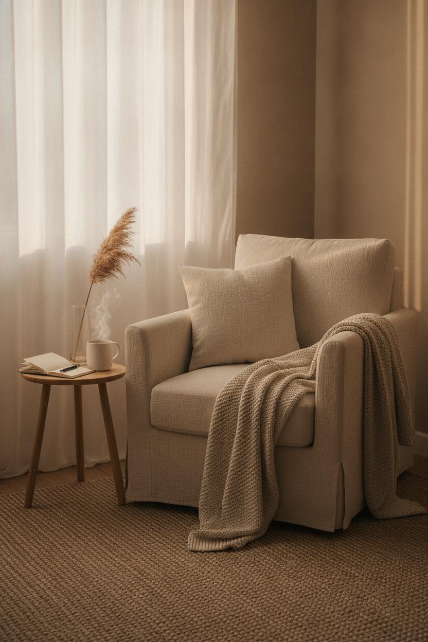 Cozy minimalist bedroom nook with armchair, tea, and journal for a mindful self care routine for women