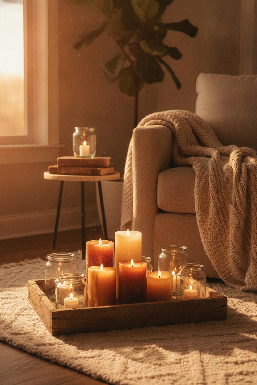 Cozy living room candle and lantern vignette on reclaimed wood tray — dollar store DIY home decor ideas for hygge vibes