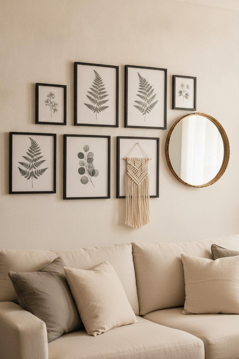 Gallery wall with botanical prints, macramé, and gold mirror above linen sofa — dollar store DIY home decor ideas