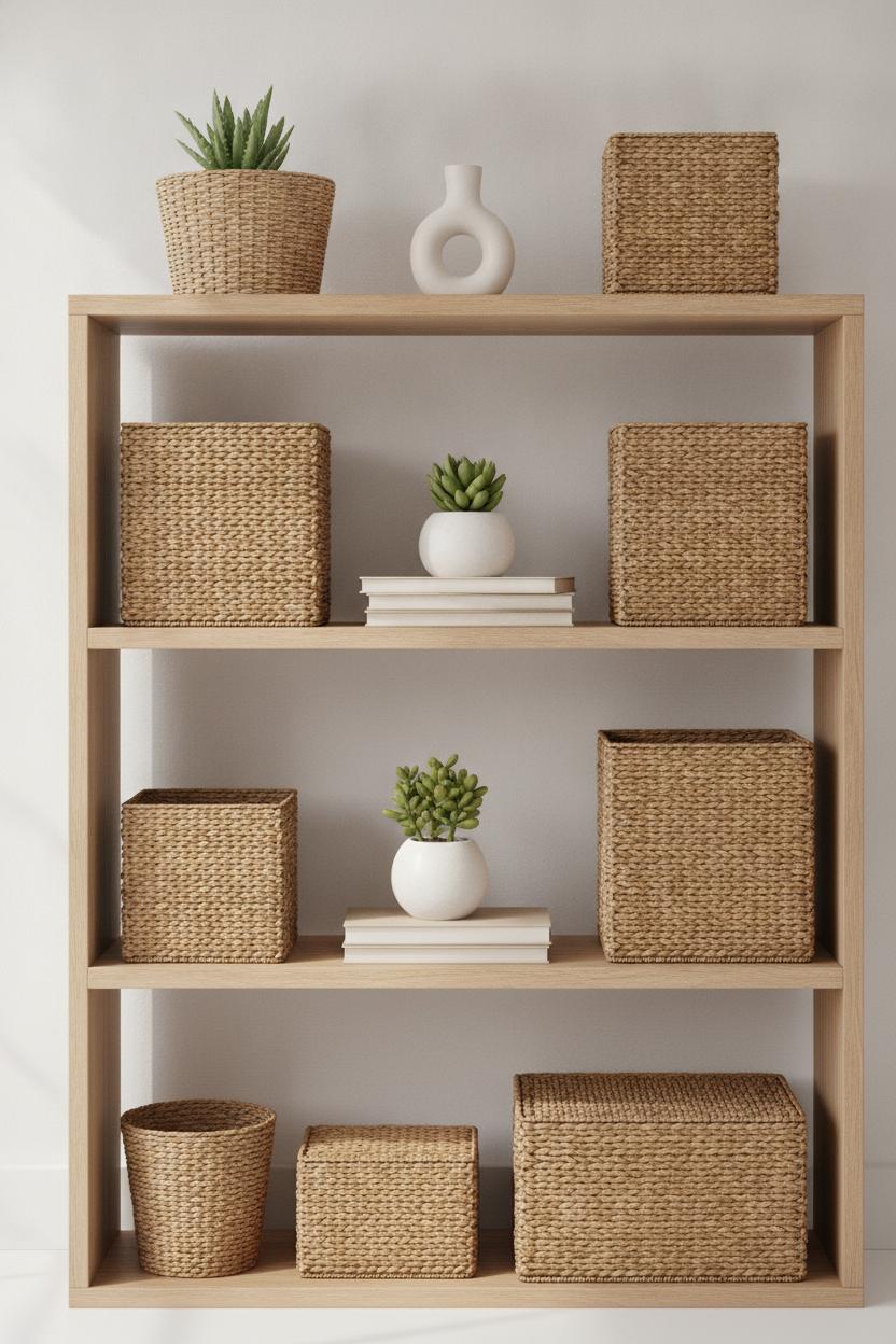 Minimalist open shelving styled with wicker baskets, succulents, and books — dollar store DIY home decor ideas
