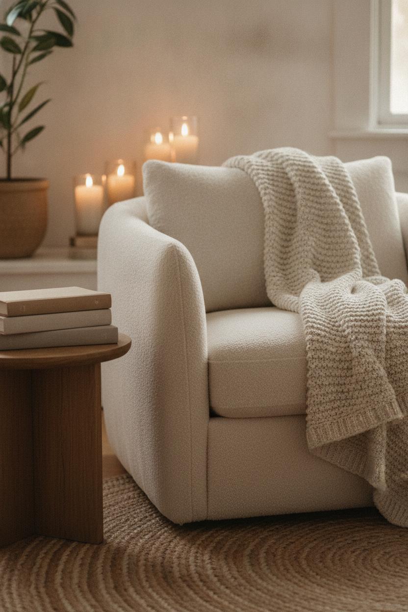 Cozy minimalist hygge living room decor with boucle armchair, chunky wool blanket, jute rug, and warm candlelight