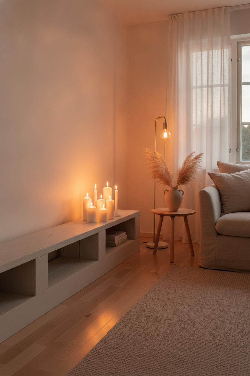 Minimalist hygge living room decor with pillar candles, Edison lamp, linen sofa, and pampas grass at dusk