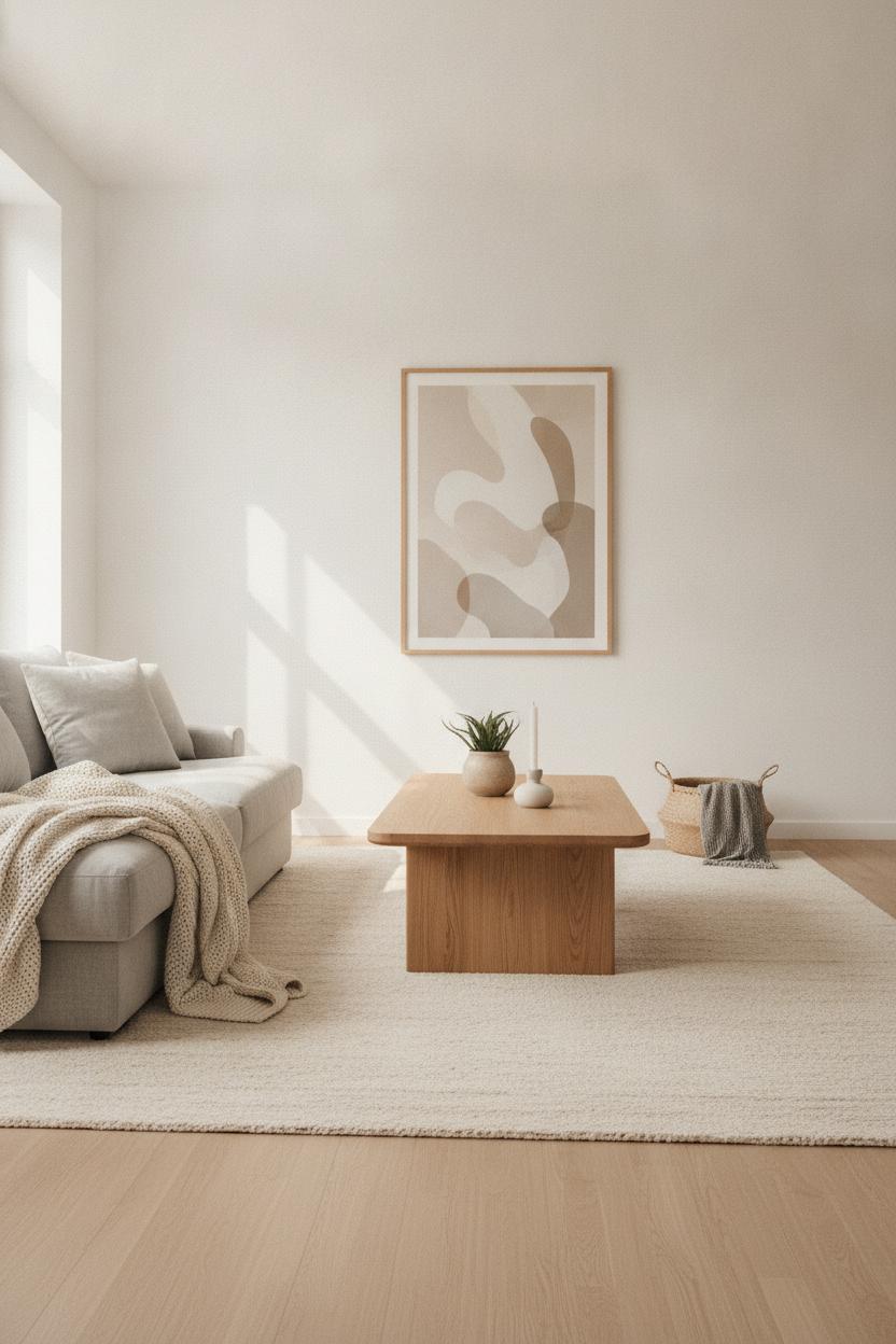 Minimalist hygge living room decor with oak coffee table, ceramic candle, small plant, and abstract art in warm natural light