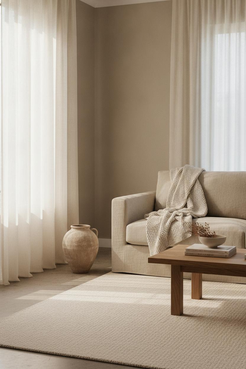 Minimalist hygge living room decor with greige walls, linen sofa, chunky knit throw, ceramic vase, and soft morning light