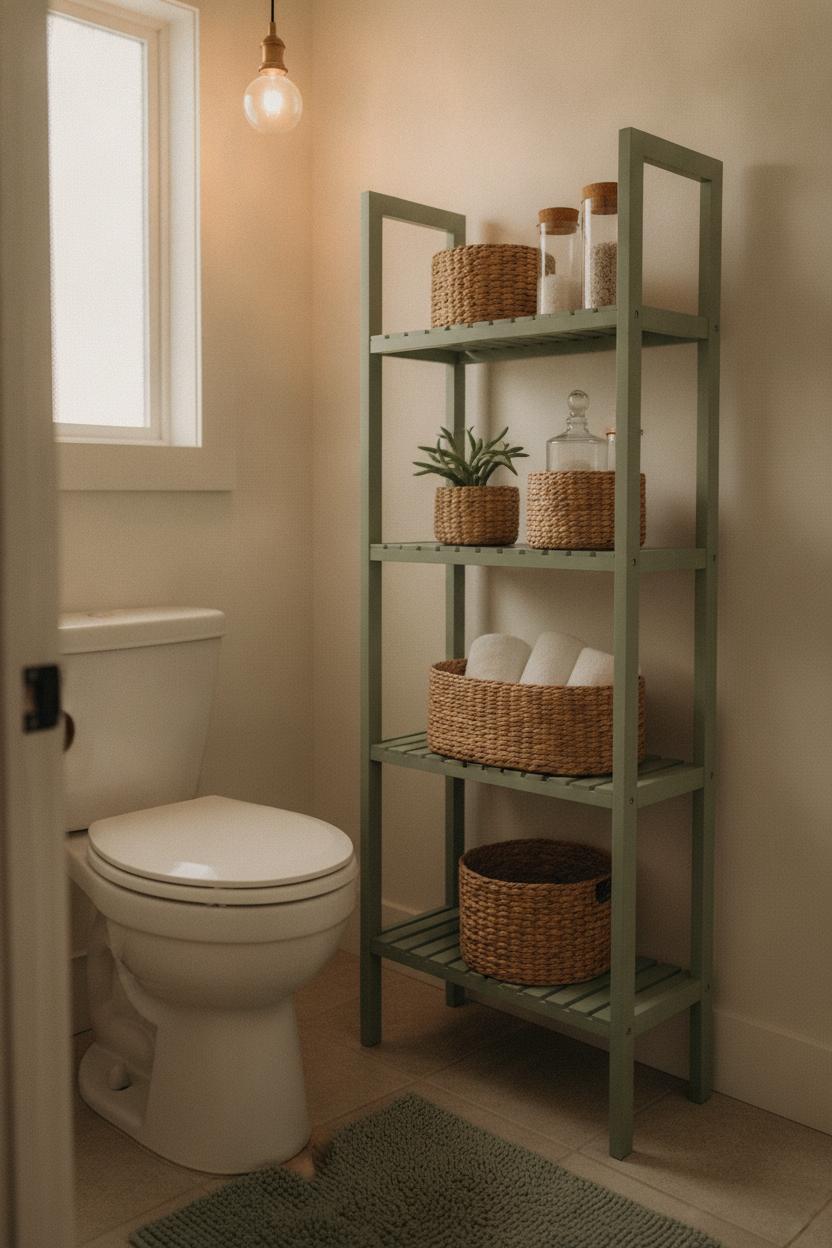 Slim bamboo over-toilet shelf with baskets, towels & succulents for small bathroom organization over toilet storage