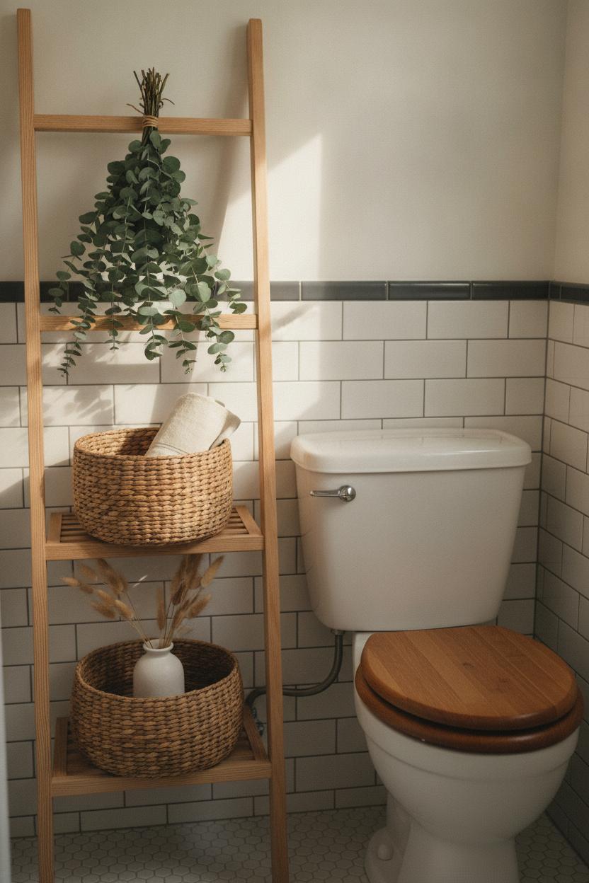 Natural wood ladder shelf beside toilet with eucalyptus, wicker baskets & pampas grass — small bathroom organization over toilet storage