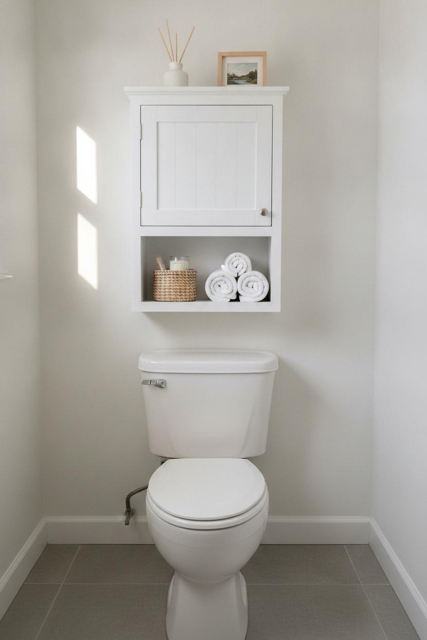 White shaker wall cabinet above toilet with diffuser, towels, and basket — small bathroom organization over toilet storage