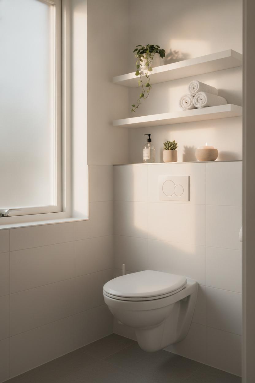 White floating shelves above toilet styled with plants, towels, and candle — small bathroom organization over toilet storage