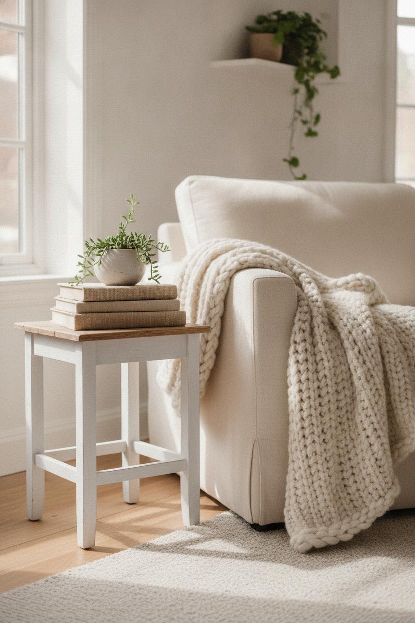 Upcycled white side table thrift store home decor makeover styled in cozy Scandinavian living room with knit throw