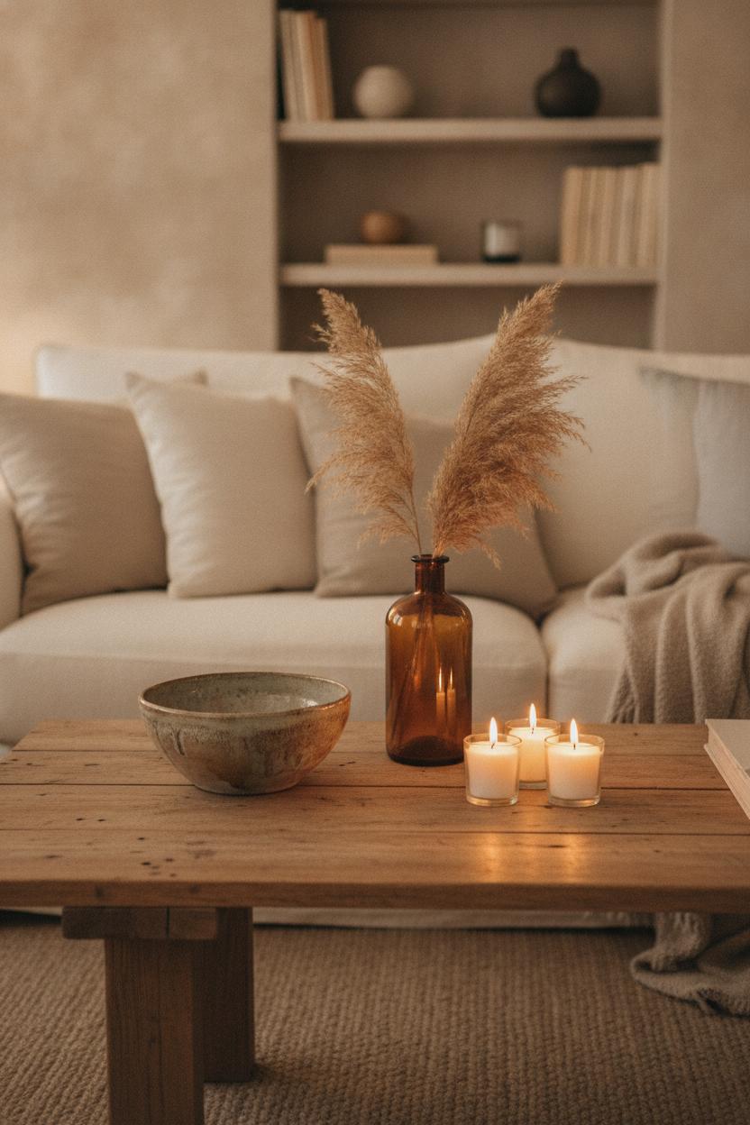 Cozy living room thrift store home decor makeover with ceramic bowl, pampas grass, linen cushions, and warm candlelight
