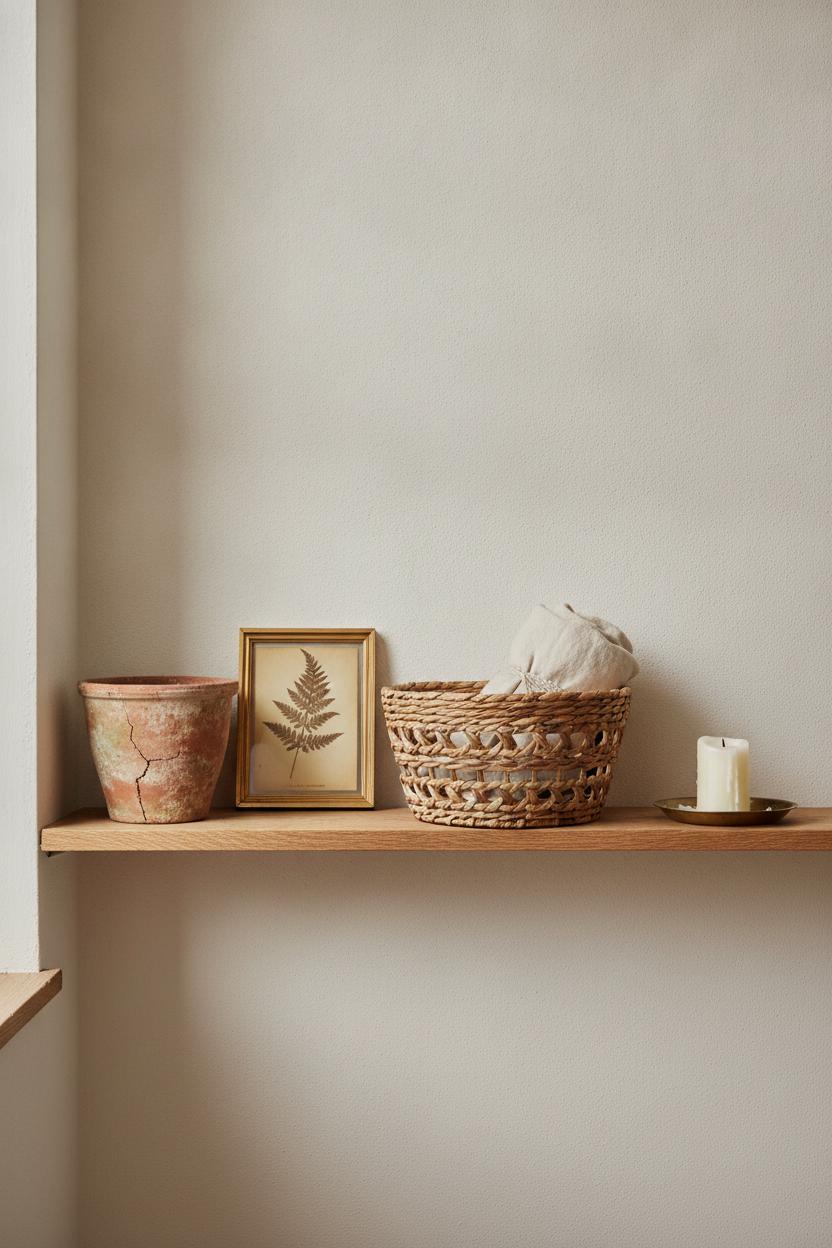 Elegant open shelf styled with thrifted terracotta pot, botanical print, woven basket, and candle — thrift store home decor makeover