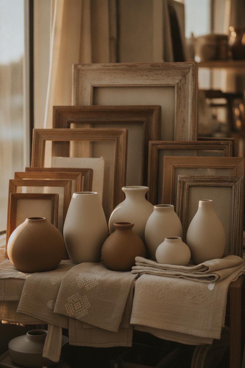Thrift store home decor makeover shelf with ceramic vases, vintage frames, and linen textiles in warm afternoon light