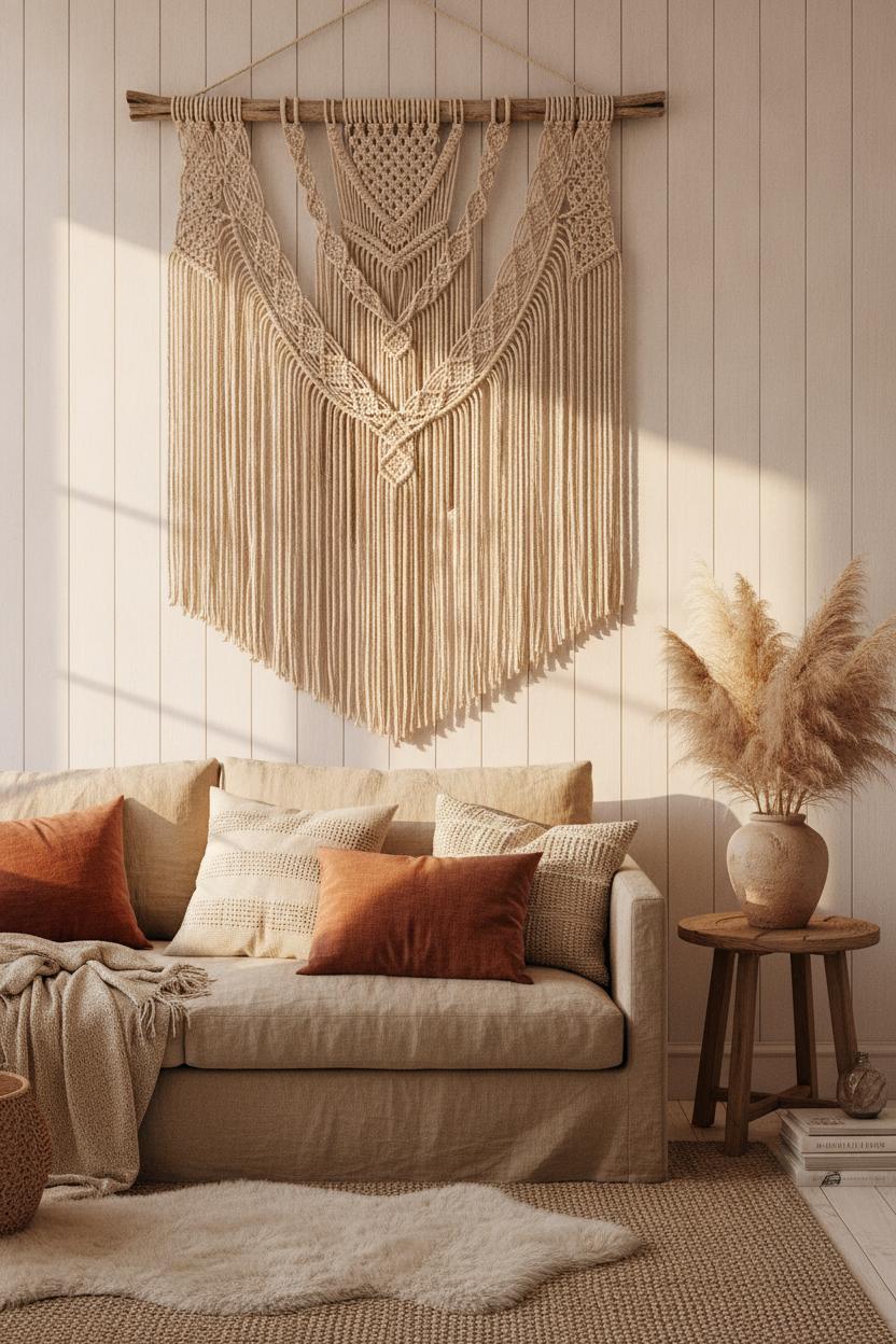 Handmade macramé wall hanging above linen sofa with terracotta pillows — coastal boho home decor on a budget