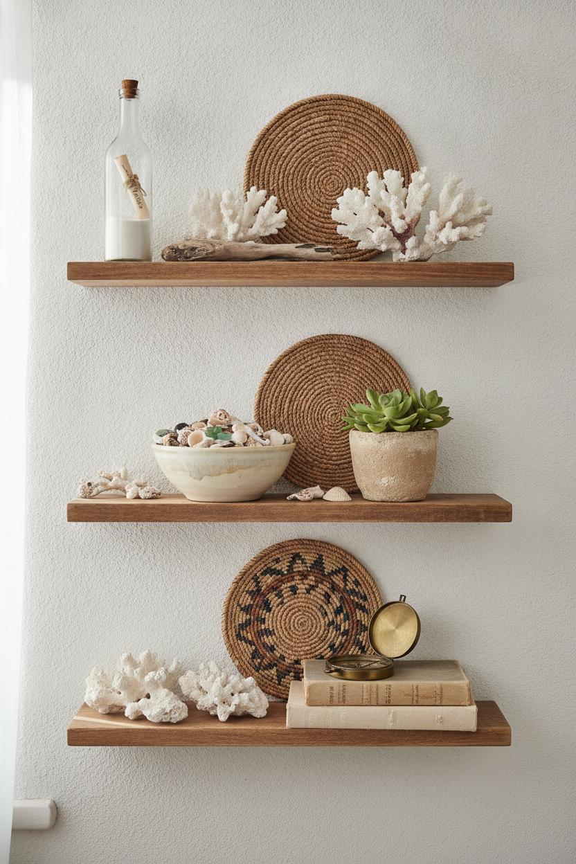 Floating wooden shelves styled with coastal boho home decor on a budget — coral, shells, glass bottle, and succulents
