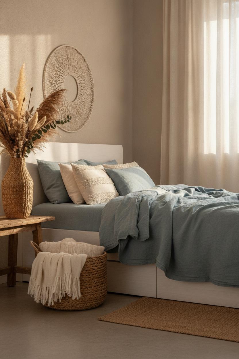 Coastal boho home decor on a budget featuring ocean-blue linen bedding, whitewashed bed frame, and rattan accents