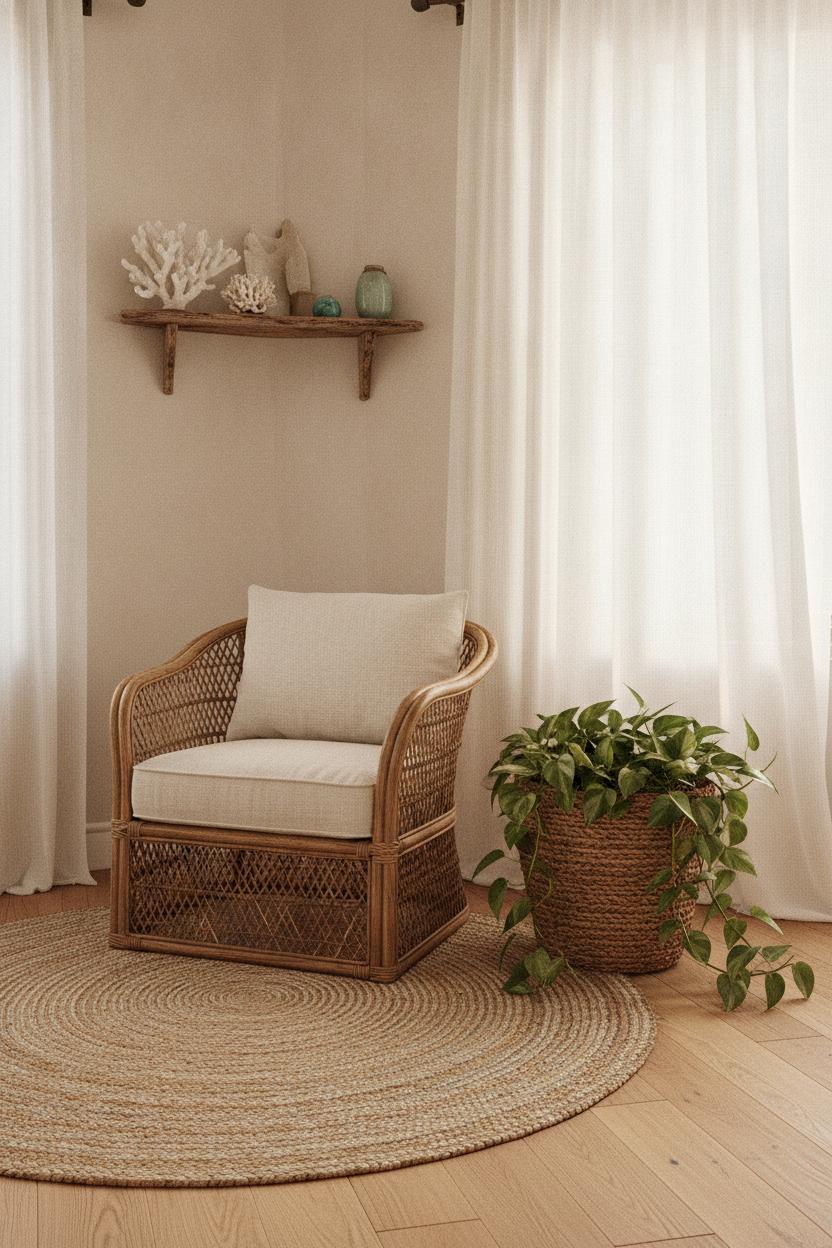 Cozy coastal boho home decor on a budget featuring rattan chair, jute rug, and pothos in woven basket planter