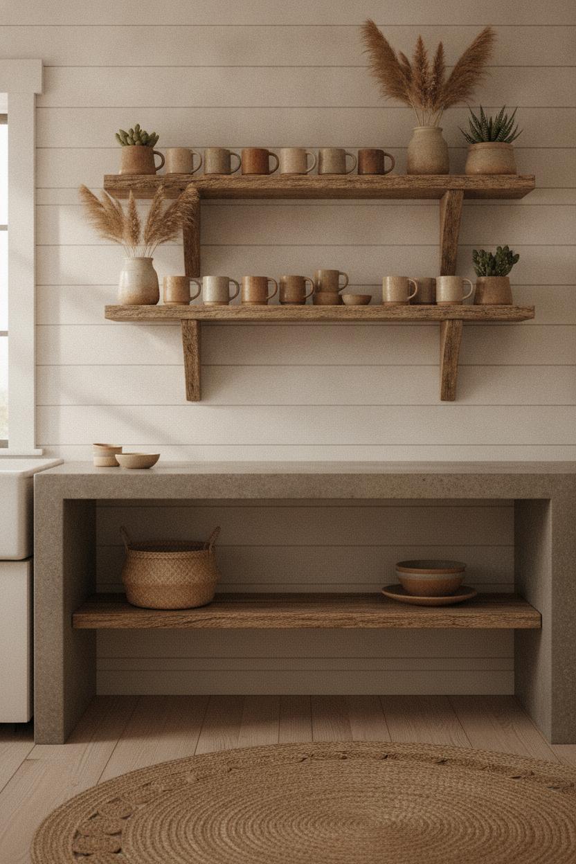 Cozy boho coastal kitchen decor ideas with driftwood shelves, clay mugs, pampas grass, and succulents on whitewashed shiplap