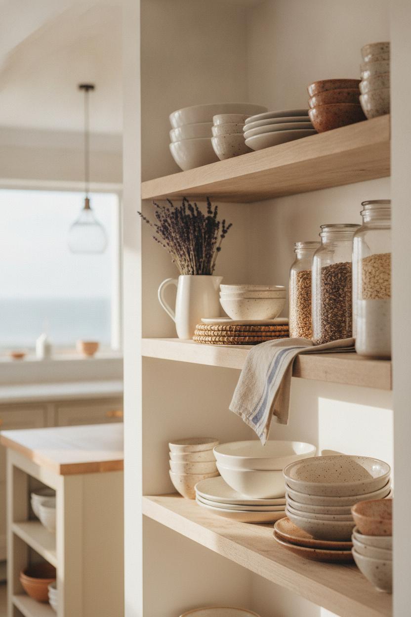 Styled open kitchen shelves with boho coastal kitchen decor ideas featuring terracotta ceramics, woven trivets, and dried lavender