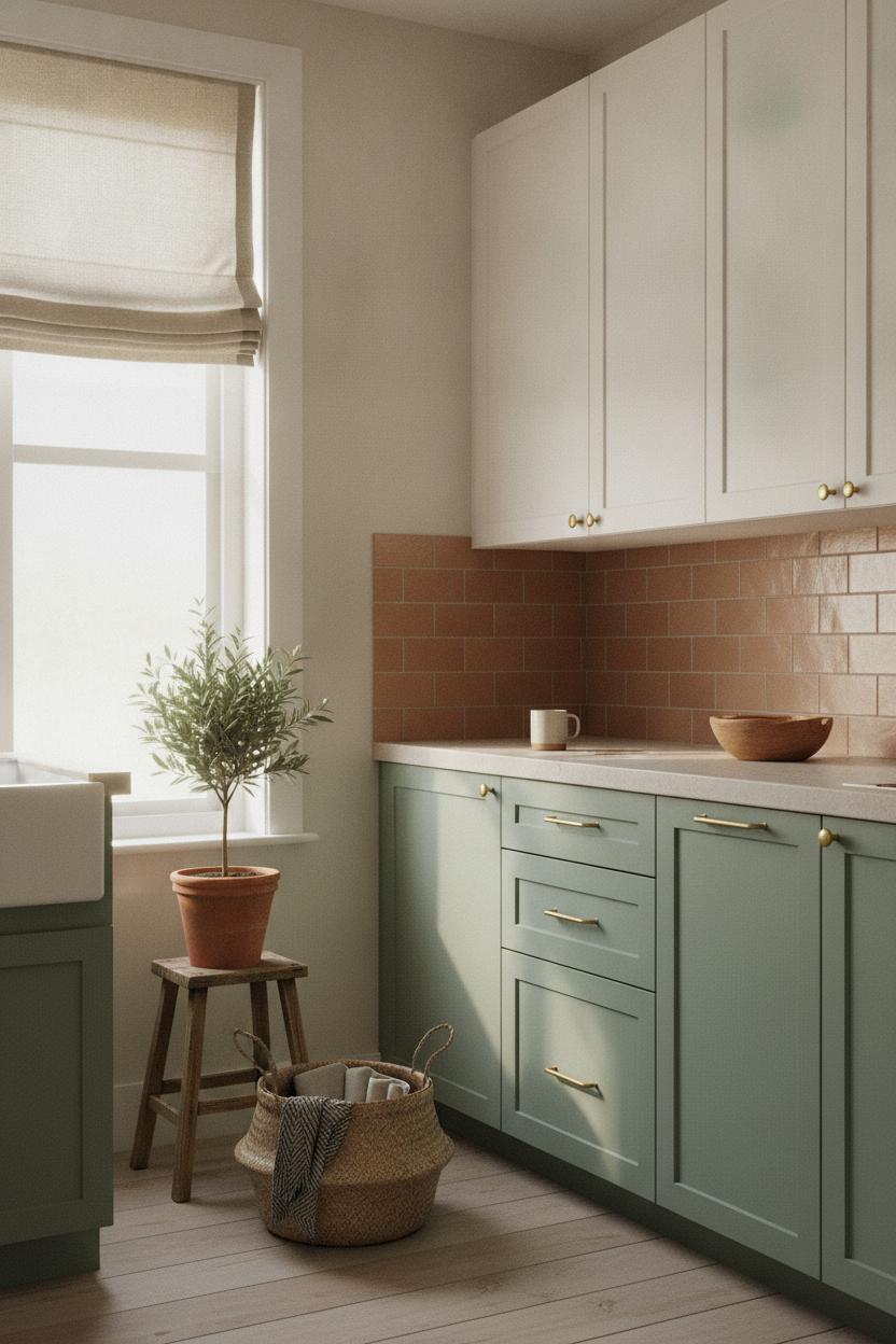 Boho coastal kitchen decor ideas with sage green cabinets, terracotta backsplash, brass hardware, and olive tree in warm sunlight
