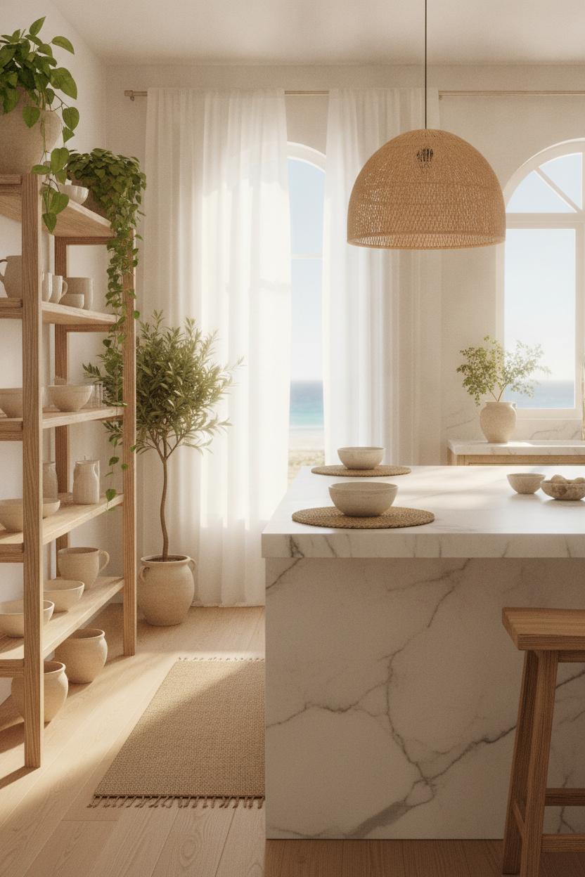 Boho coastal kitchen decor ideas featuring rattan pendant light, marble island, seagrass placemats, and morning sunlight through linen curtains.