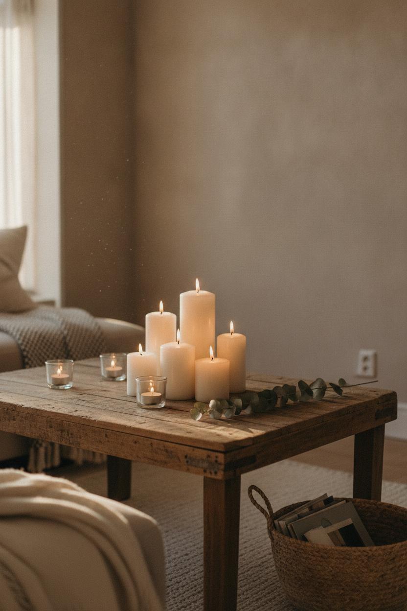 Rustic coffee table styled with white pillar candles and dried eucalyptus — hygge home decor on a budget