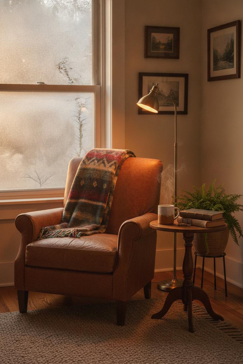 Cozy reading nook with leather armchair, plaid blanket, steaming mug and books — hygge home decor on a budget