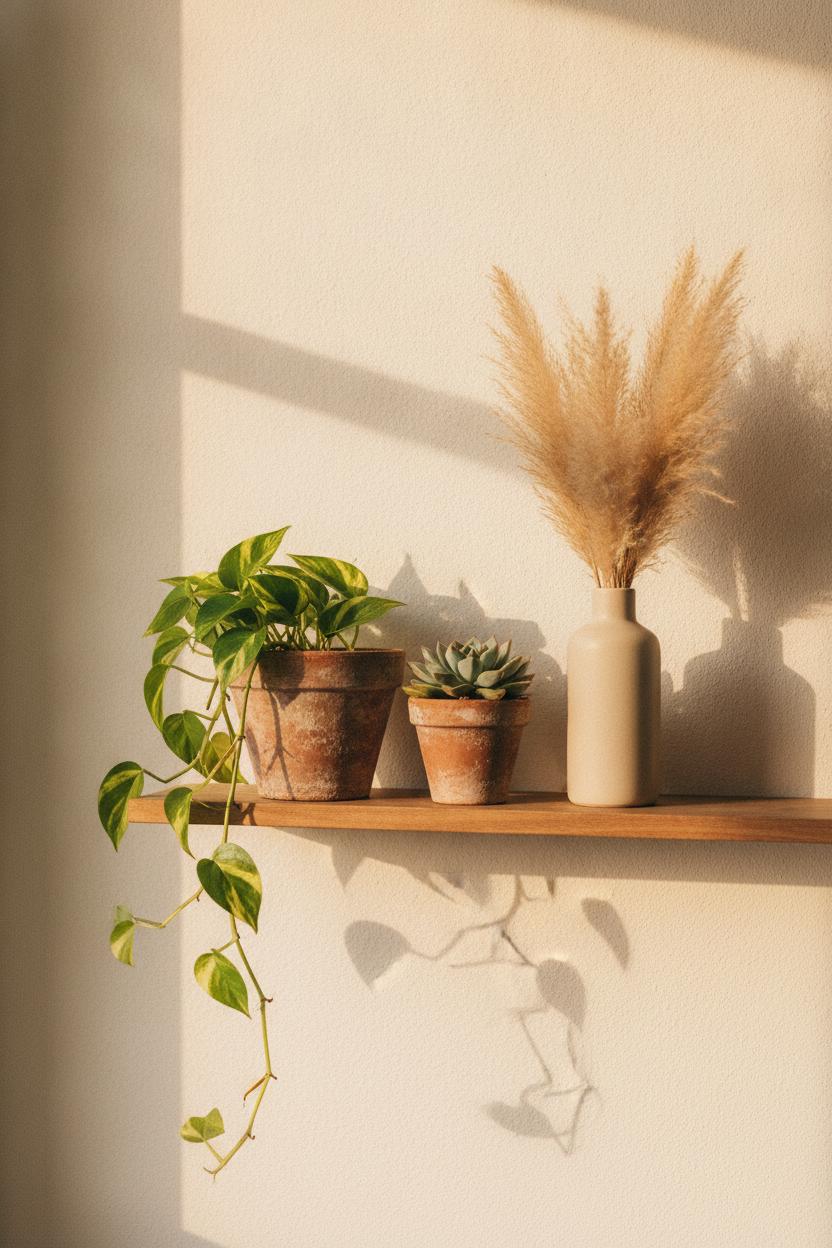 Minimalist shelf with pothos, succulent, and pampas grass in warm light — hygge home decor on a budget