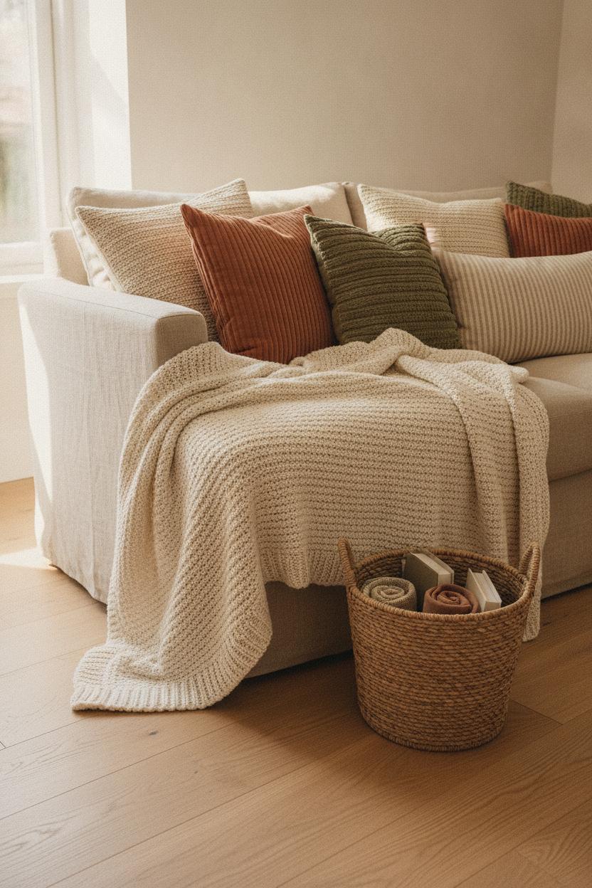 Cozy linen sofa with cream chunky knit throw, earth tone cushions, and woven basket — hygge home decor on a budget