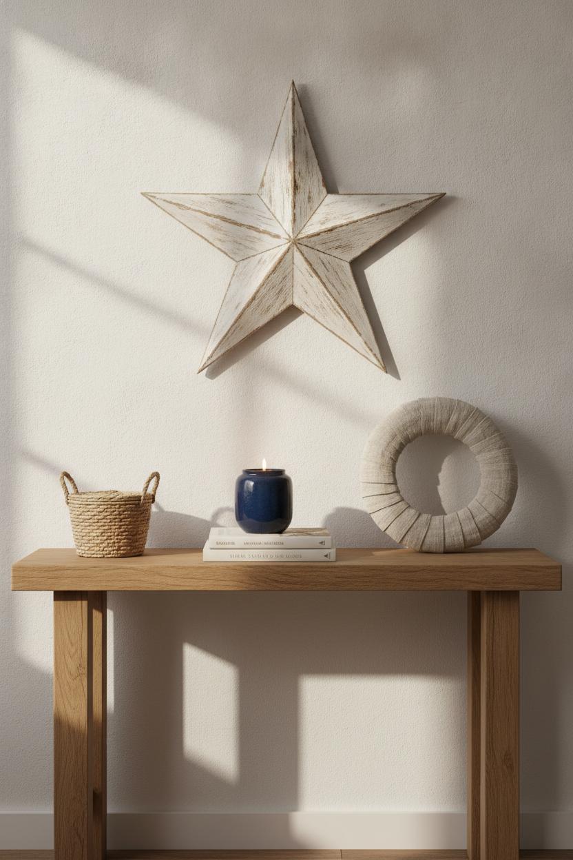 Minimalist americana home decor with vintage star art, navy candle, and seagrass basket on a wooden console table