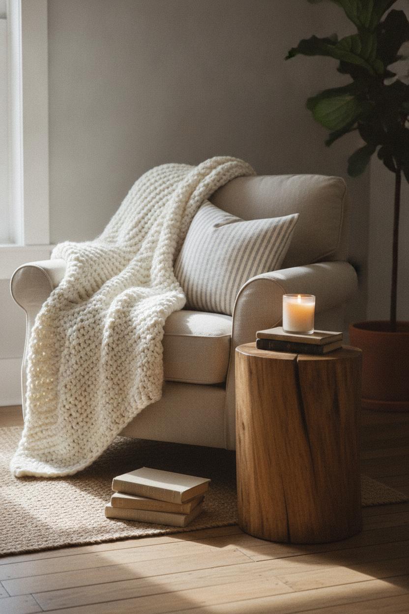 Cozy reading nook with linen armchair, chunky knit throw, and raw wood side table — minimalist americana home decor