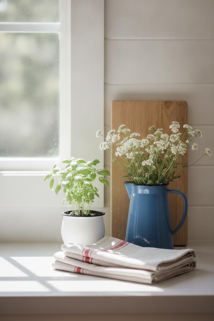 Minimalist americana home decor: bright kitchen windowsill with herb plant, enamelware pitcher, wildflowers, and striped tea towels