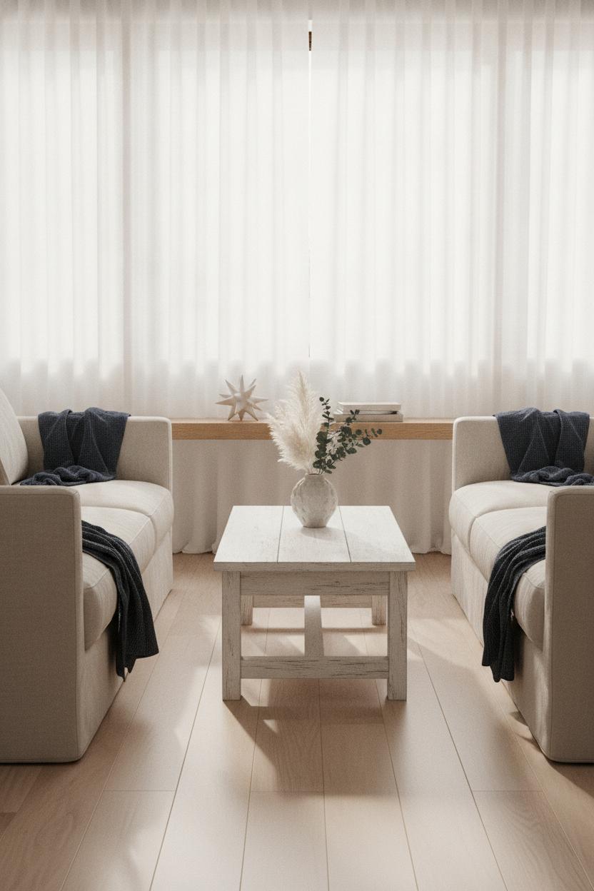 Minimalist americana home decor with cream sofas, navy throw, dried flowers in stoneware vase, warm Scandinavian-inspired living room