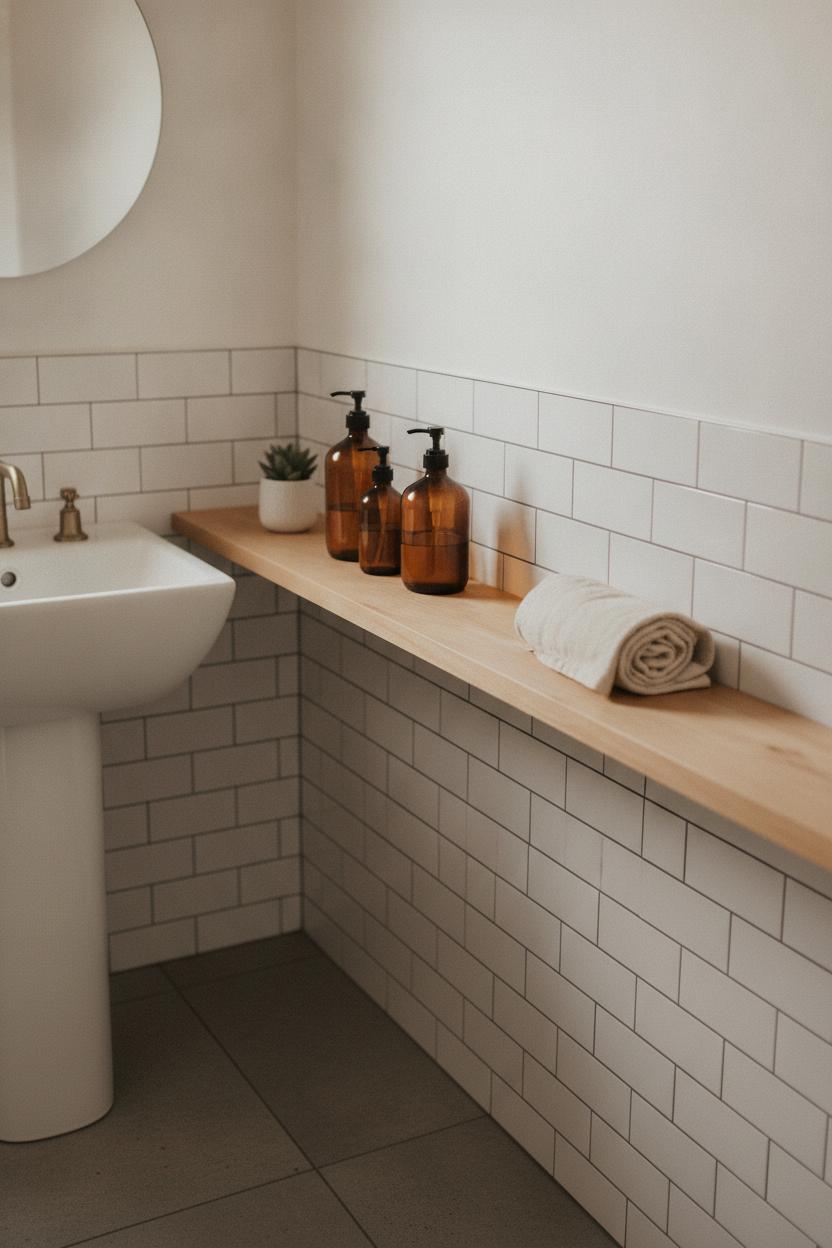 Minimalist small bathroom decor ideas: floating wooden shelf with amber bottles, linen towel, and succulent on white subway tile