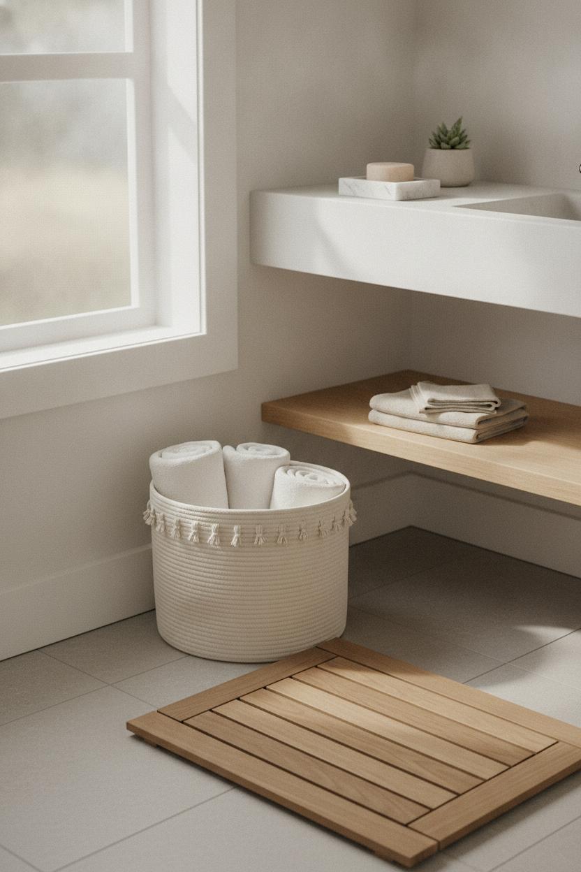 Minimalist small bathroom decor ideas featuring teak mat, woven basket, and marble soap dish in warm natural textures
