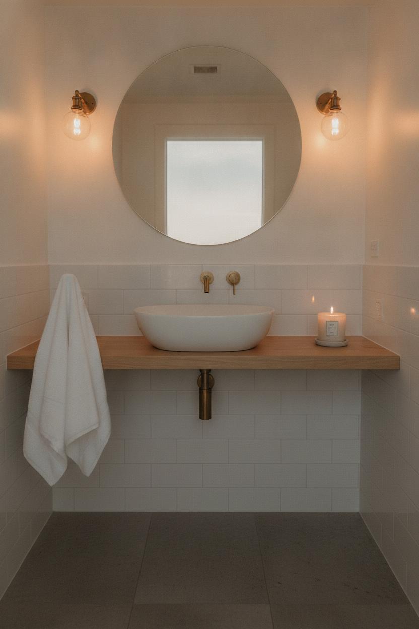 Minimalist small bathroom decor ideas with warm Edison sconces, round mirror, vessel sink, and brass hook