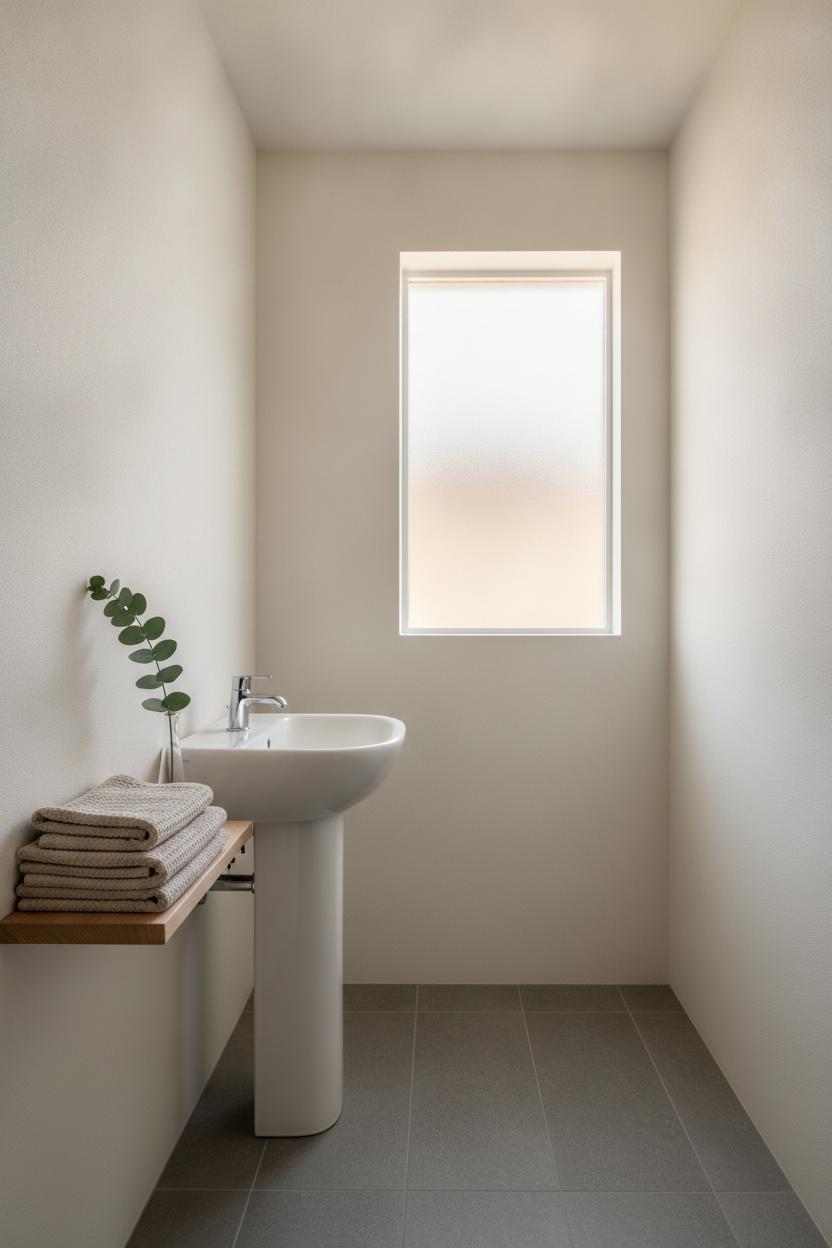 Minimalist small bathroom decor ideas with freestanding sink, linen towels, eucalyptus stem, and warm natural light