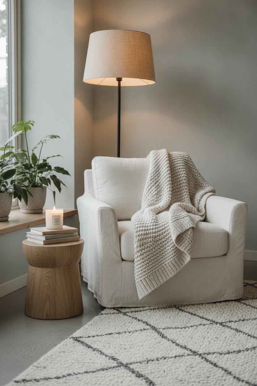 Cozy reading nook with knit throw, candle, and books — simple wellness habits for a calmer life at home