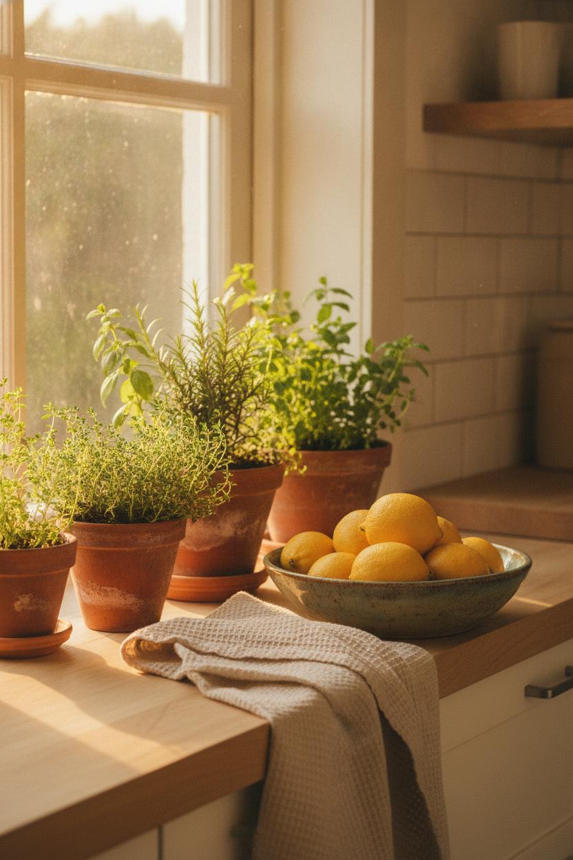 Sun-drenched kitchen windowsill with herb garden in terracotta pots and fresh lemons — wellness habits for a calmer life