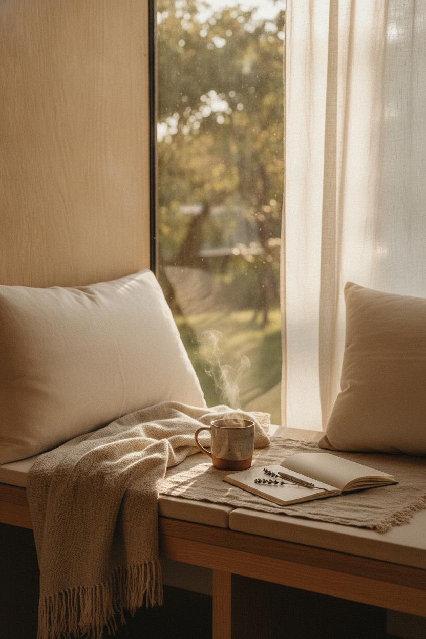 Minimalist wooden breakfast nook with herbal tea, journal, and dried flower — wellness habits for a calmer life