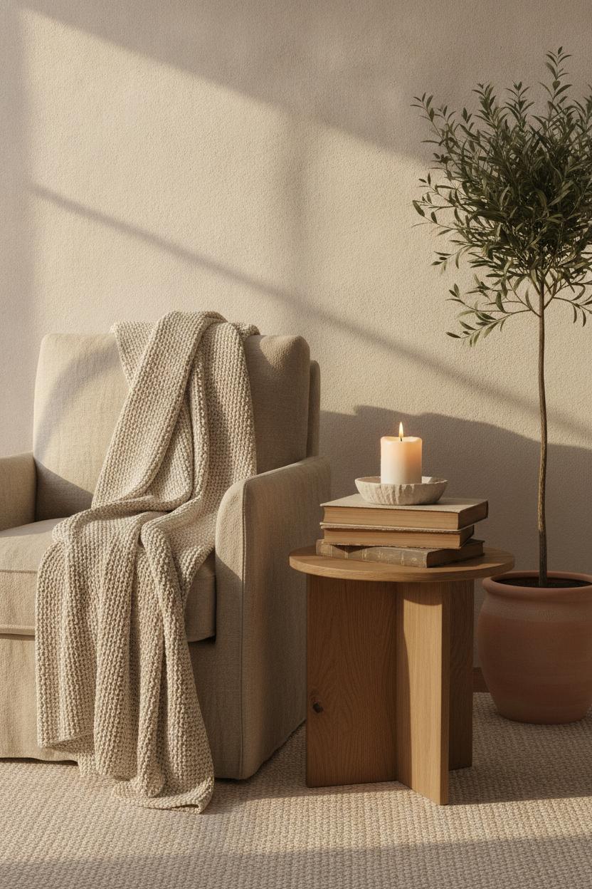 Cozy minimalist living room corner with linen armchair and books — how to live more slowly every day