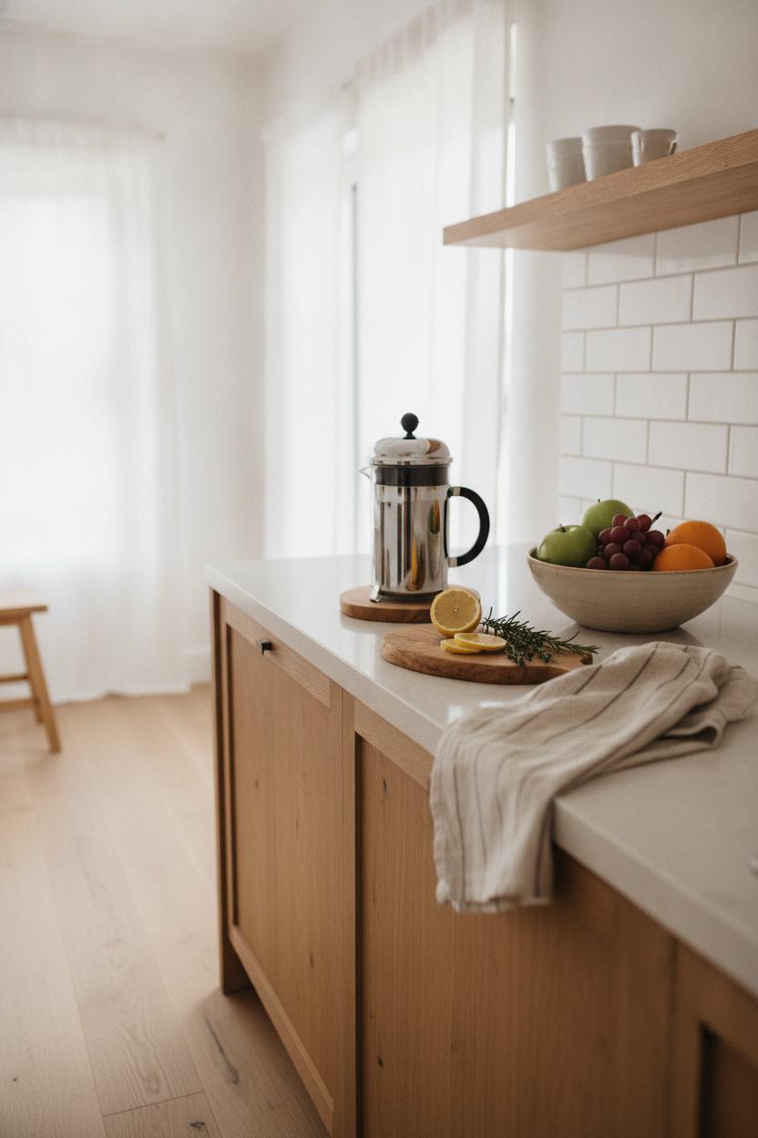 Minimalist kitchen counter styled with French press, lemon, herbs, and fruit — how to live more slowly every day