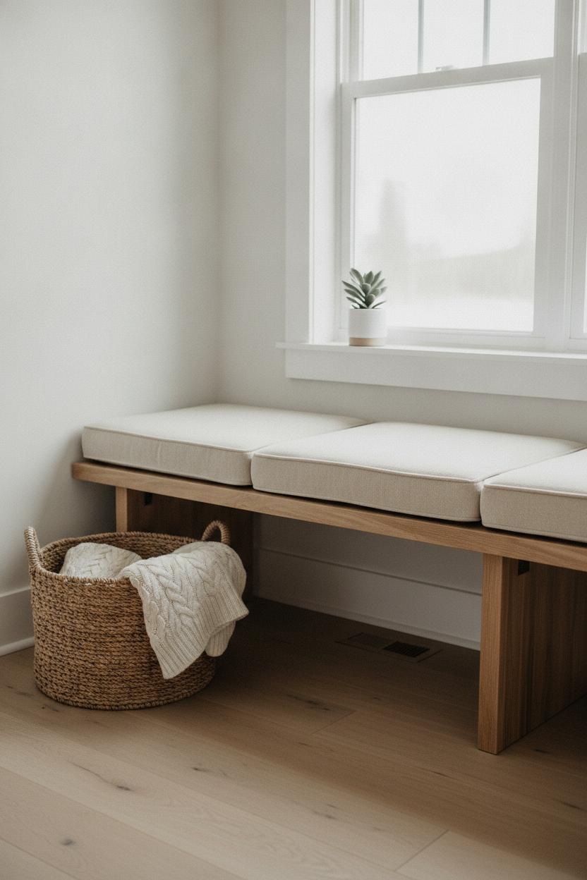 Cozy reading nook with boucle bench and natural light — a calming setup for how to live more slowly every day