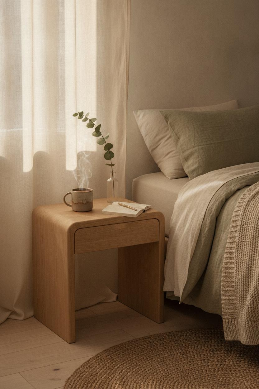 Cozy Scandinavian bedroom nook with coffee mug and journal in morning light — how to live more slowly every day