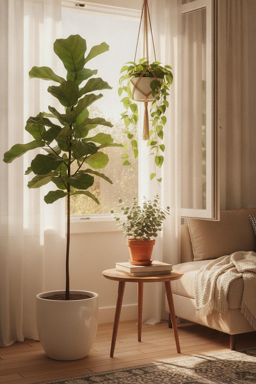 Sunlit living room corner with fiddle leaf fig, eucalyptus, and pothos plants — cozy summer living room refresh with natural greenery