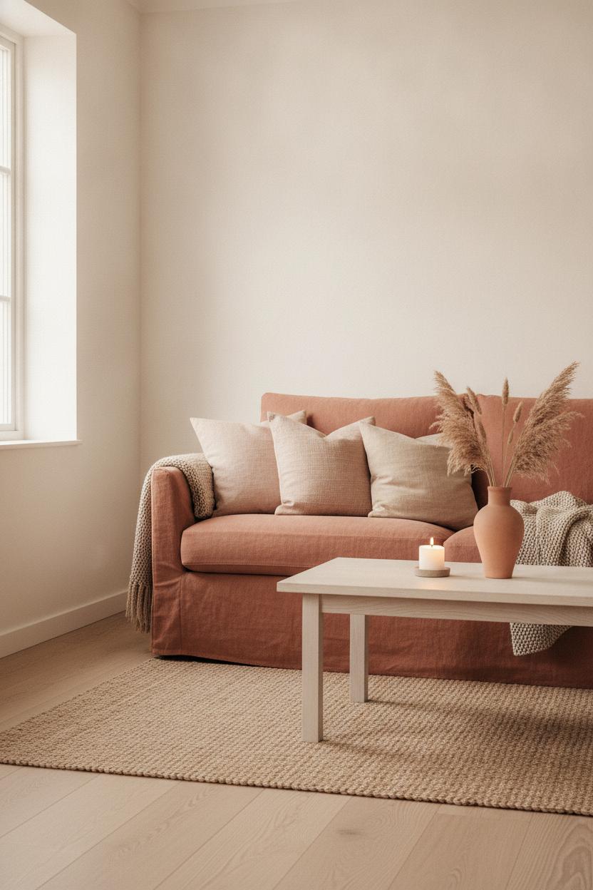 Cozy summer living room refresh with terracotta sofa, pampas grass, and warm neutral Scandinavian décor