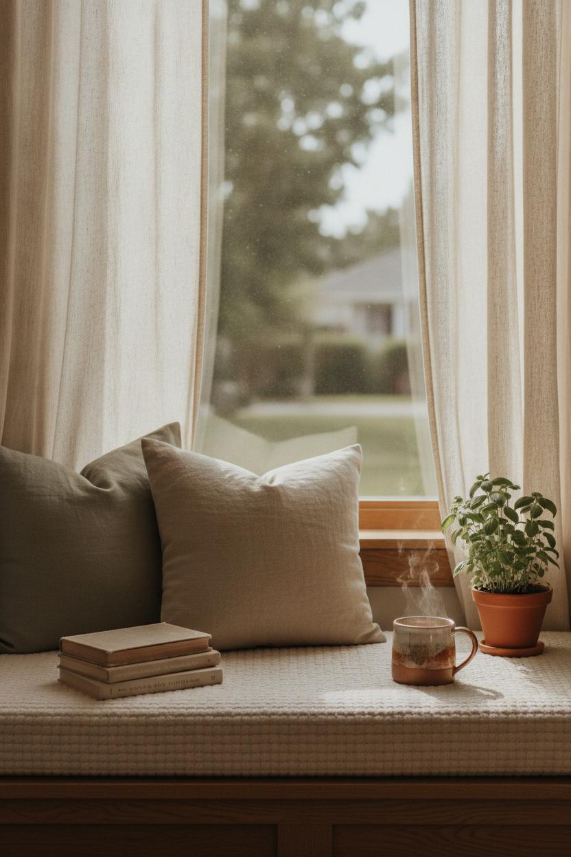 Cozy summer living room refresh: window seat nook with boucle cushion, linen pillows, books, and herb in soft sunlight