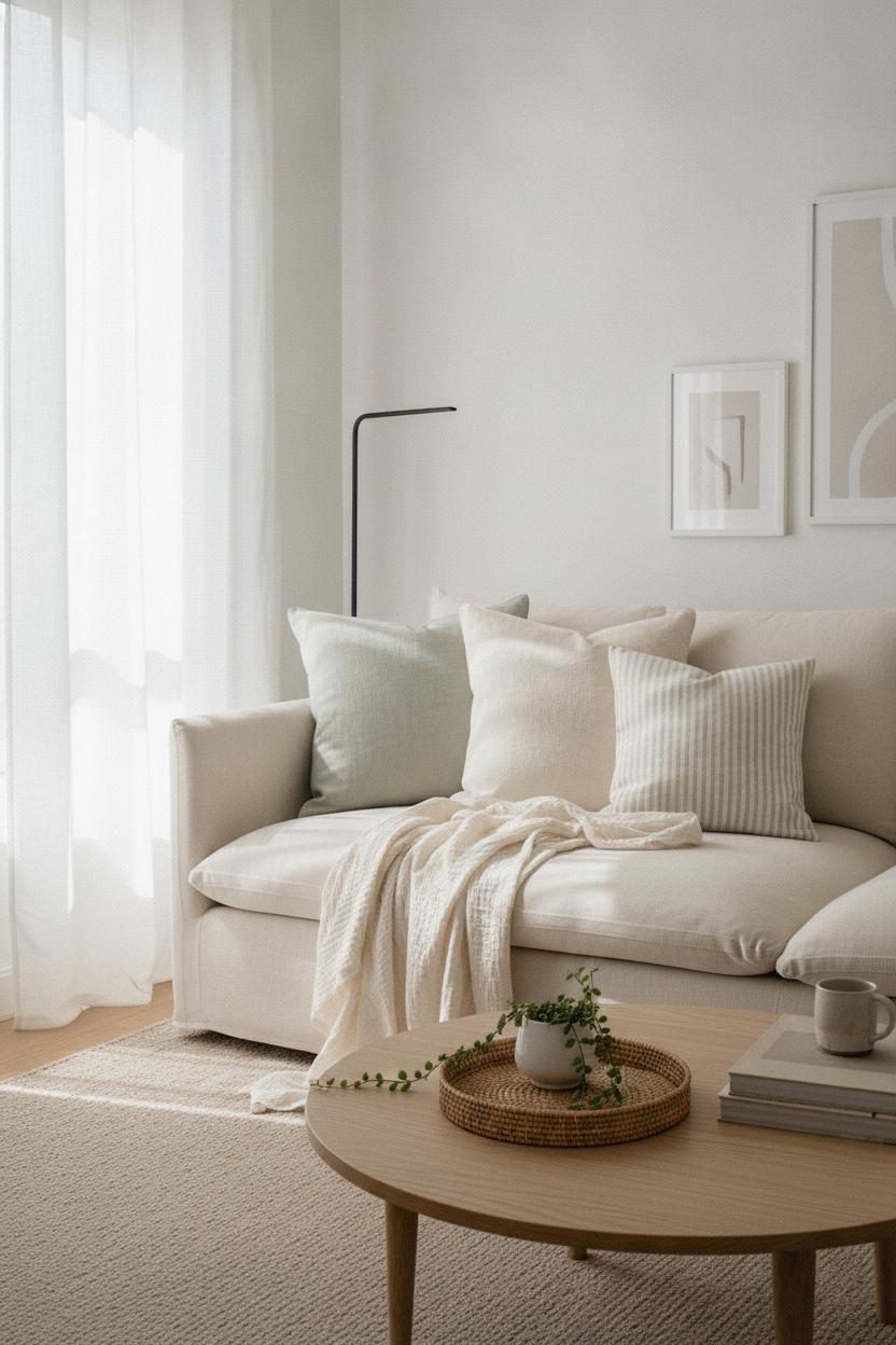 Cozy summer living room refresh with linen pillows, cotton throw, and rattan tray on oak coffee table