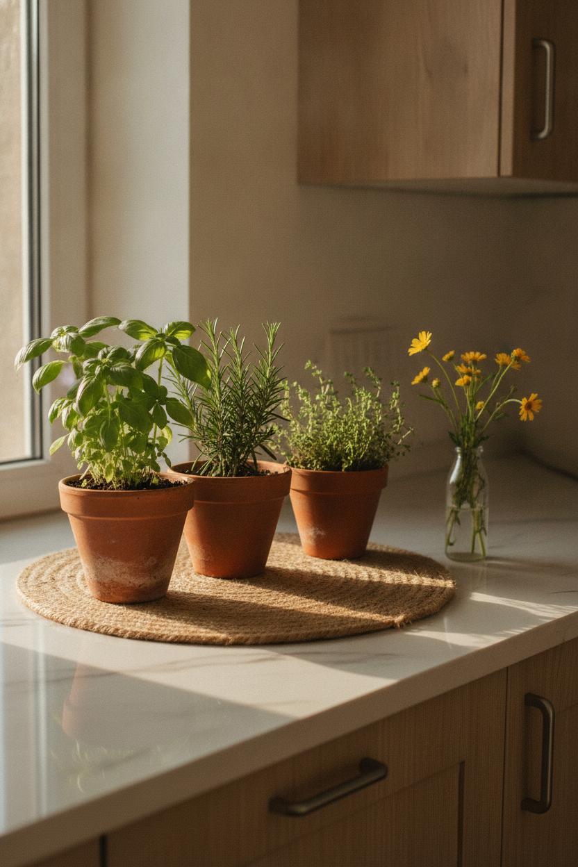 Minimalist kitchen windowsill with herb-filled terracotta pots and wildflowers — affordable summer home refresh ideas using natural botanicals.